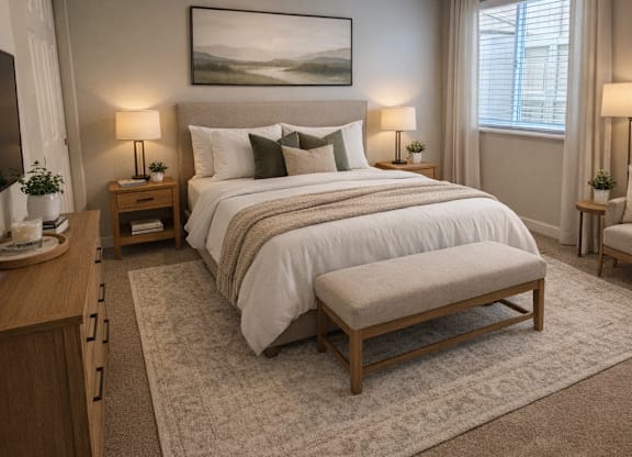A bedroom with a large bed, a nightstand, and a painting on the wall.