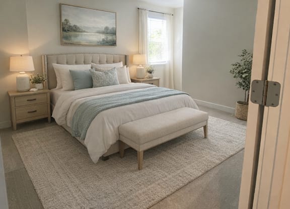 A bedroom with a large bed and a painting on the wall.