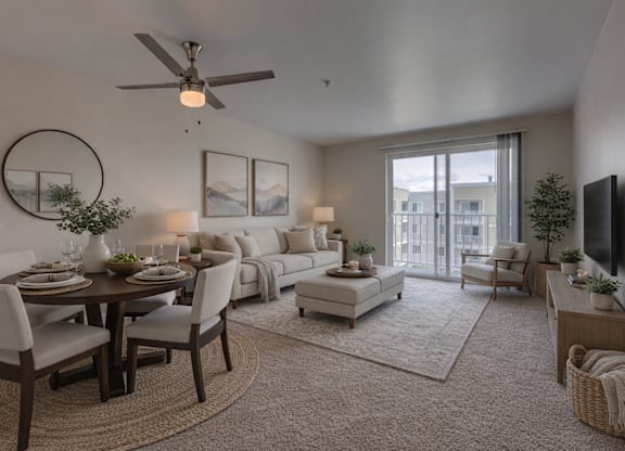 A modern living room with a dining table set for two and a flat screen TV.