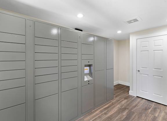 A Row of Package Receiving Lockers in the Parcel Area with a White Door and Plank Flooring at Park 210 Apartment Homes, Washington