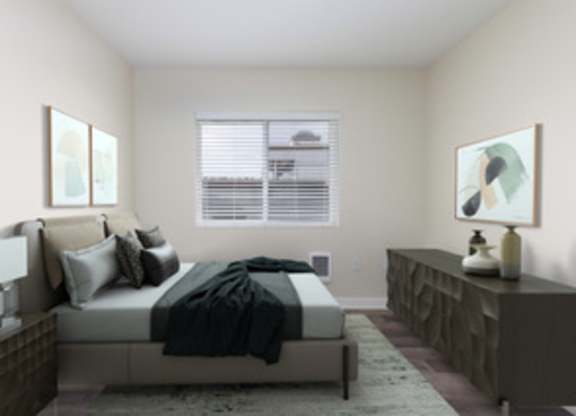 a bedroom with a bed and a dresser and a window at Illumina Apartment Homes, Seattle