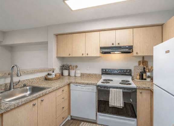 A kitchen with a stove, sink, and refrigerator.
