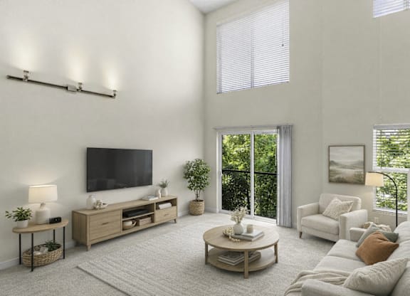 A living room with a flat screen TV mounted on the wall.