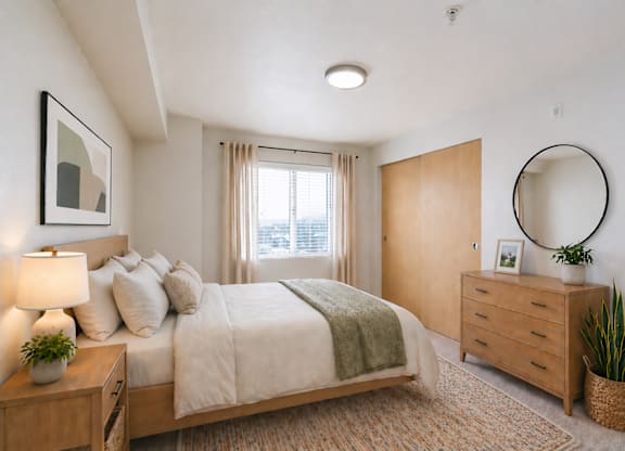 A bedroom with a bed, nightstand, and a plant.