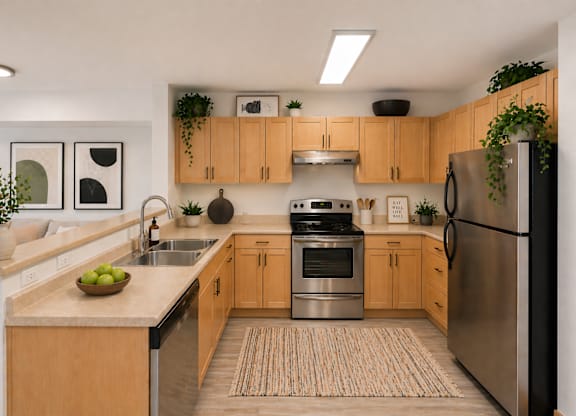 A modern kitchen with wooden cabinets and stainless steel appliances.