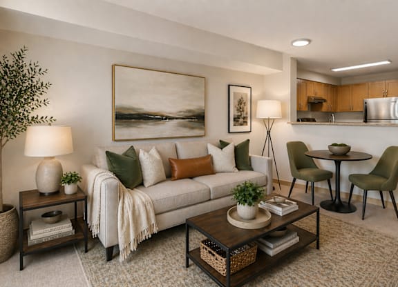 A living room with a couch, a coffee table, and a painting on the wall.