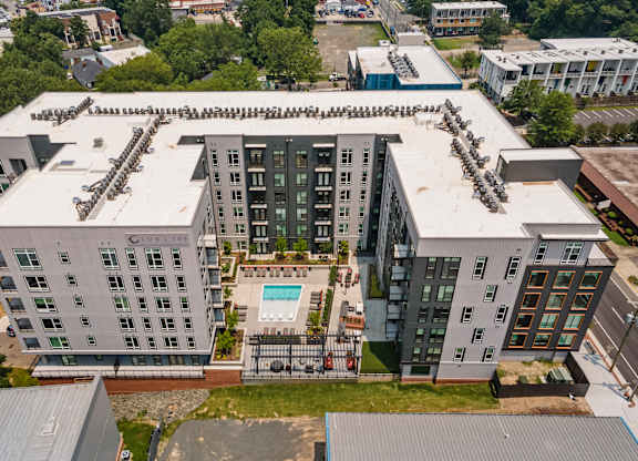 Aerial view of apartments with pool
