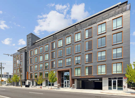 mid-rise apartments with parking garage access