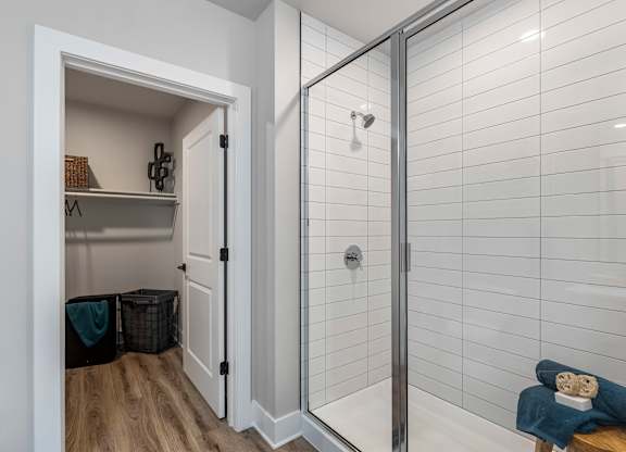 A bathroom with a walk-in shower and a small closet with shelves.