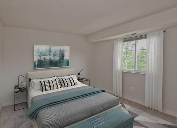 A bedroom with a large bed and a painting on the wall.