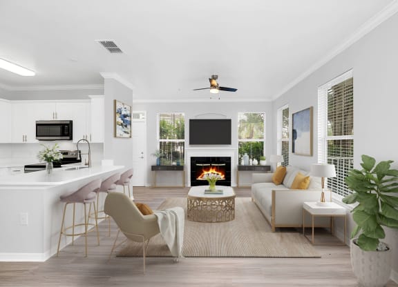 a living room with white walls and a white couch with a coffee table in front of it at Northlake Park, Orlando, FL, 32827