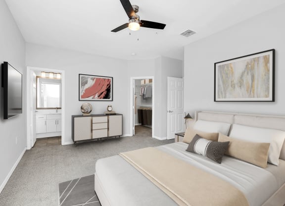 a bedroom with a large bed and a ceiling fan at Northlake Park, Florida, 32827