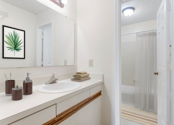 a bathroom with a sink and a shower at Hunter's Ridge Apartments, Apartments, Fayetteville, NC