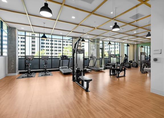 A gym with a variety of equipment and a view of a city skyline.