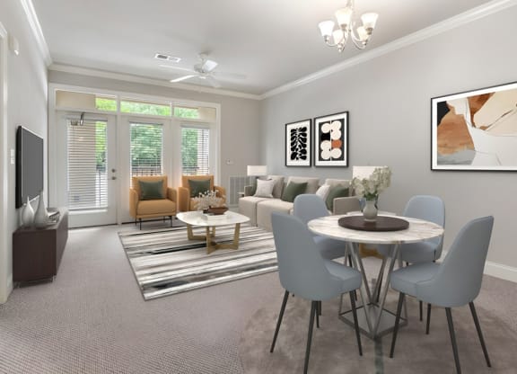 a living room and dining room with a table and chairs at The Villagio Apartments, Fayetteville, 28303