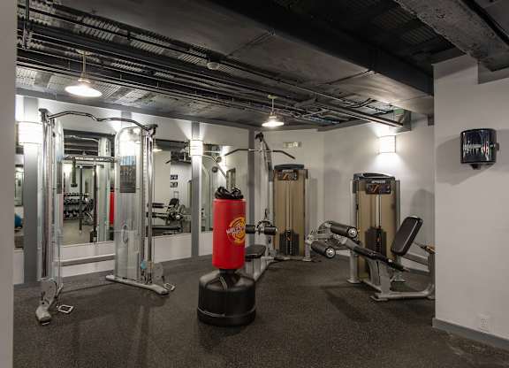 A gym with a variety of equipment including a squat rack, a bench, and a barbell. at Columbia Uptown Apartments, Washington DC, 20009