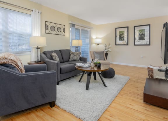 Modern Living Room at West Pointe Apartments, North Carolina, 27215