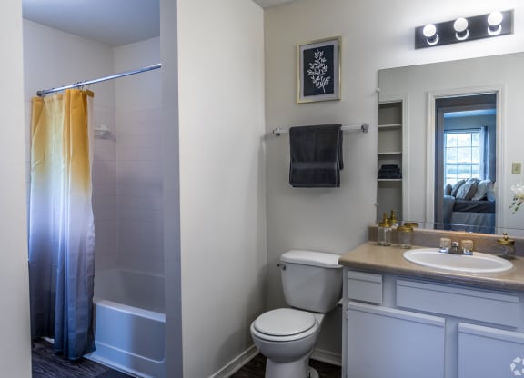 a bathroom with a shower toilet and sink and a mirror at The Trails at Mt. Moriah, Memphis, TN 38115