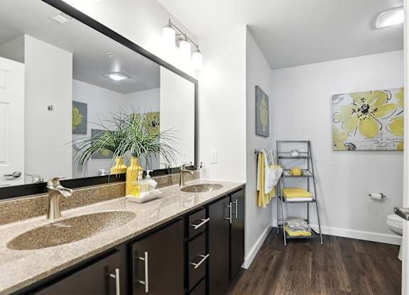 A bathroom with a sink, mirror, and a plant at Bramblett Hills Luxury Apartments in O Fallon MO 63366