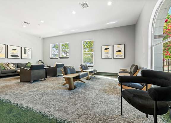 A living room with a grey carpet and black chairs.
