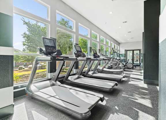 A gym with treadmills and a view of the outside.