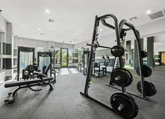 A gym with a weight bench, a barbell and a squat rack.