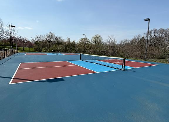 A tennis court with blue and red playing surface and white lines.