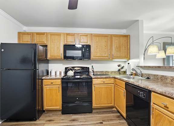 A kitchen with black appliances and wooden cabinets.