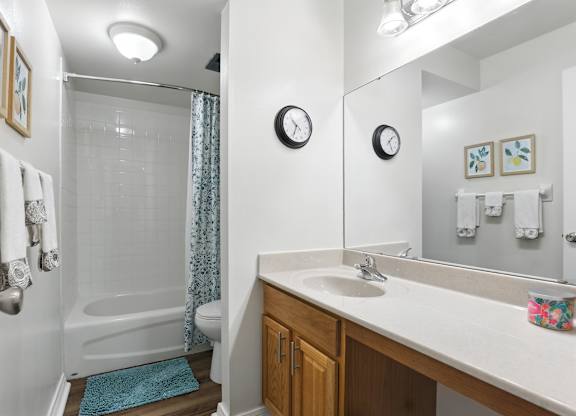 A bathroom with a white sink and a mirror.