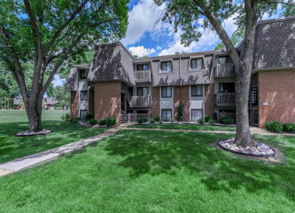 our apartments have a spacious yard with grass and trees