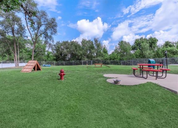 a park with a fire hydrant and a picnic table