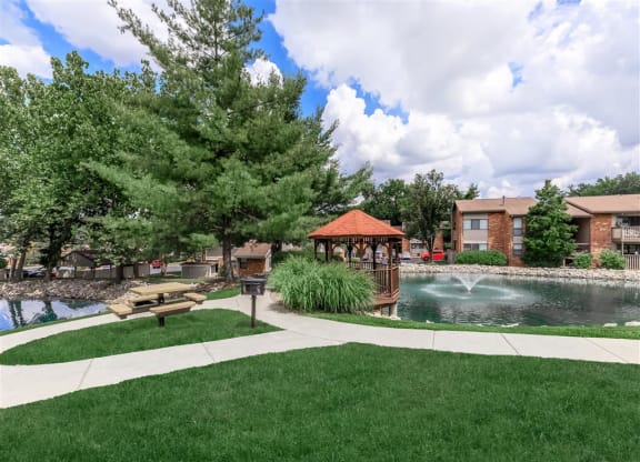 a park with a pool and a gazebo next to a tree