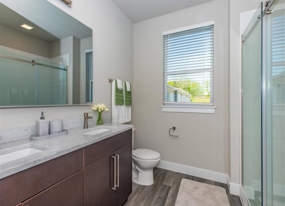 a bathroom with a toilet and a large mirror