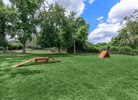 a backyard with a seesaw and a wooden structure in the grass