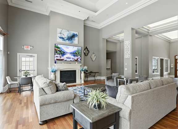 A living room with a grey couch, a coffee table, and a fireplace.
