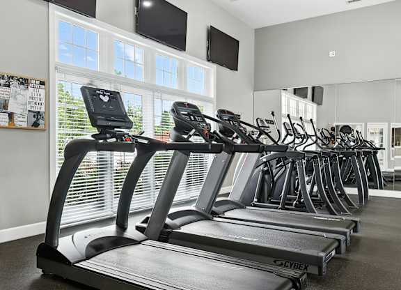 A row of treadmills in a gym.