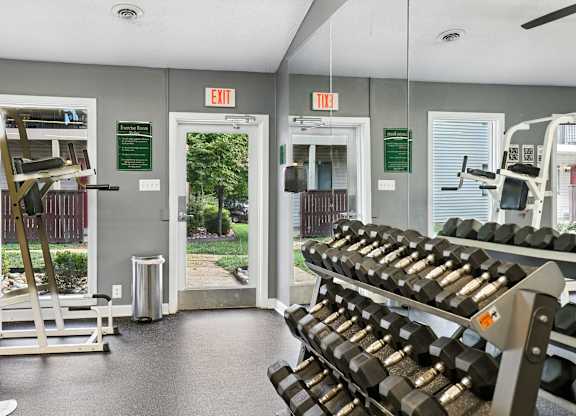 A gym with a weight rack and a treadmill.