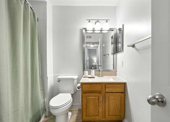 A bathroom with a toilet, sink, and shower curtain.