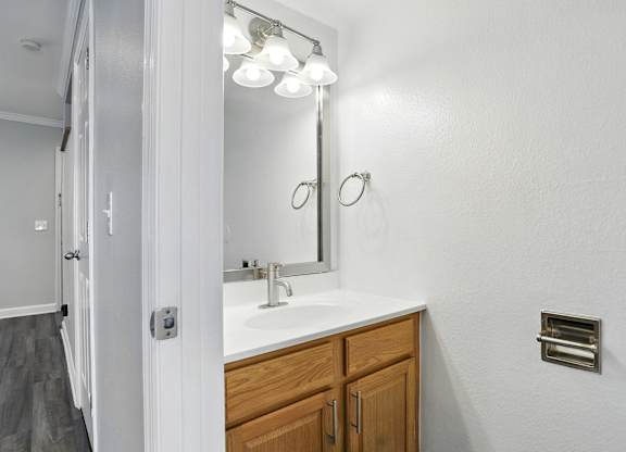 A bathroom with a white sink and a mirror.