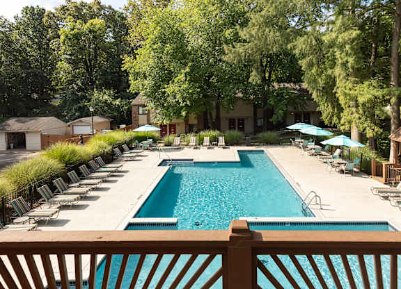 A large outdoor swimming pool surrounded by trees and lounge chairs.