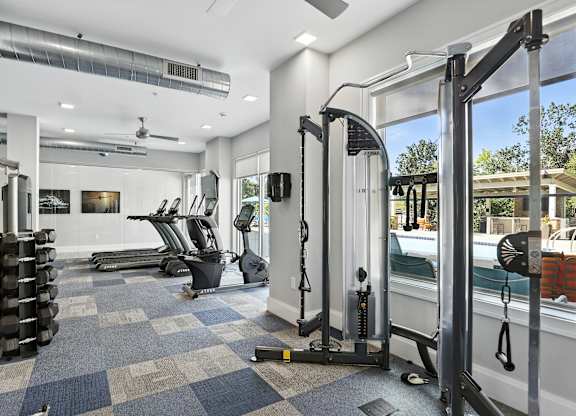 A gym with a variety of equipment including treadmills, weights, and a squat rack.