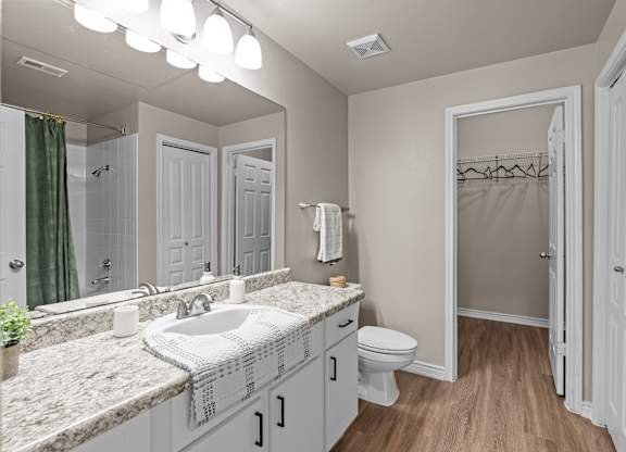 A bathroom with a sink, toilet, and mirror.