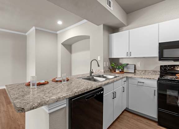 A kitchen with a granite countertop and black appliances.