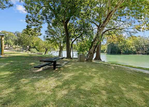 A park with a bench and a tree in front of a lake.