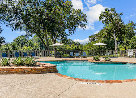 A pool surrounded by trees and umbrellas.