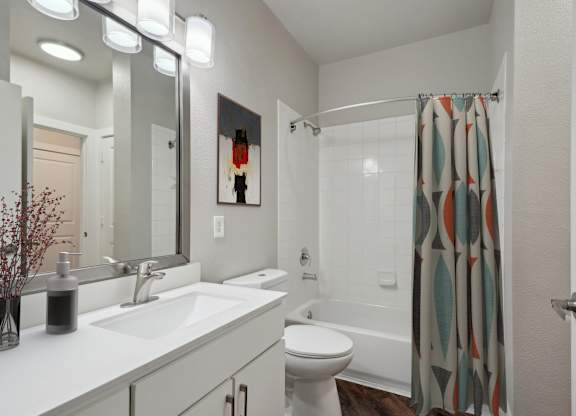 Bathroom with framed mirror and curved shower rod at Highline Urban Lofts Apartments, Texas, 77429