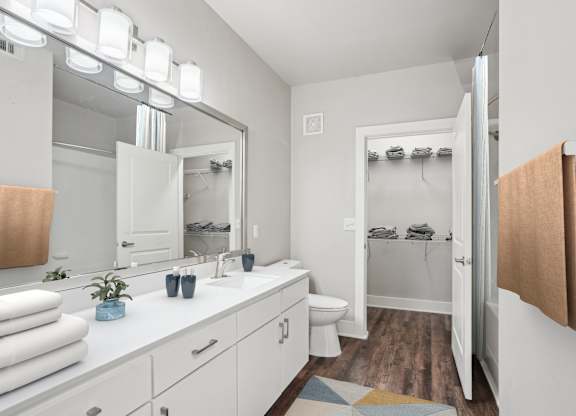 Bathroom with white vanity and walk-in closet at Highline Urban Lofts Apartments, Texas, 77429
