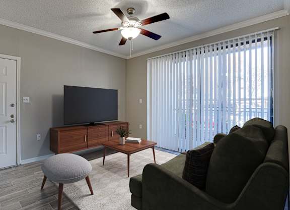 Living room with tv stand and vertical blinds at Carmel Creekside Apartments, Fort Worth