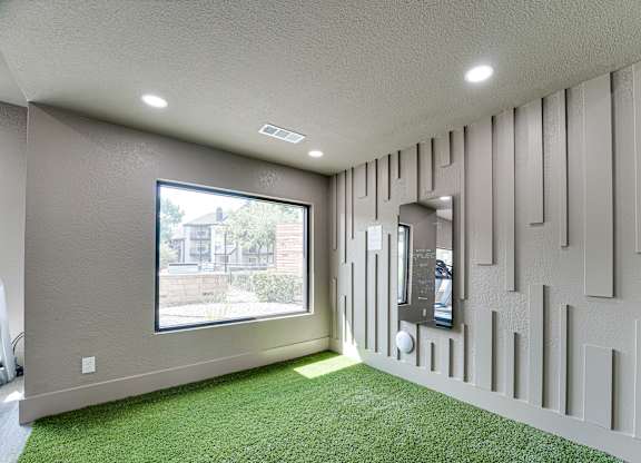 Indoor pet area with artificial turf and modern wall panels at Carmel Creekside Apartments, Fort Worth, TX