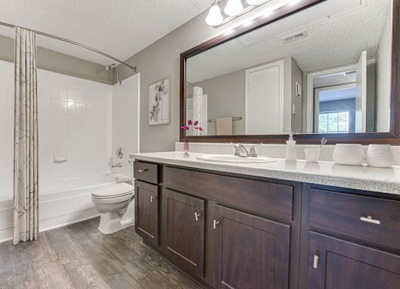 A bathroom with a toilet, sink, and mirror.